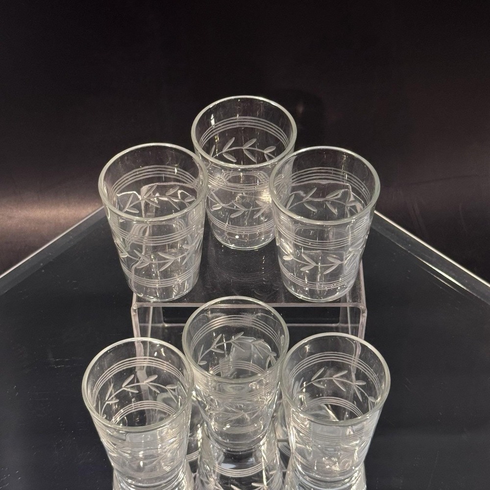 Vintage Anchor Hocking Banded Etched Laurel Leaf 6pc Shot Glass Barware - Picture 3 of 7